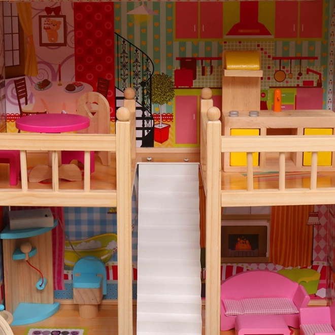 Houten poppenhuis, meubels, zwembad + verlichting ECOTOYS