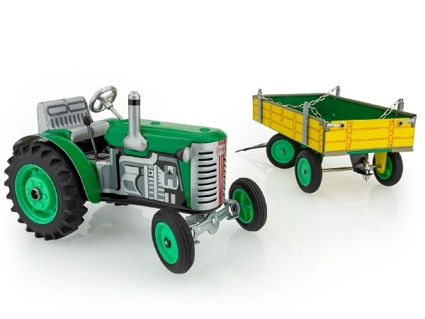 Traktor Zetor met groene aanhanger op wikkelsleutel metaal 28cm Kovap in doos