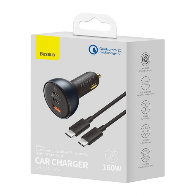 Auto-oplader Baseus Qualcomm, USB, 2x USB-C, 160 W (grijs)