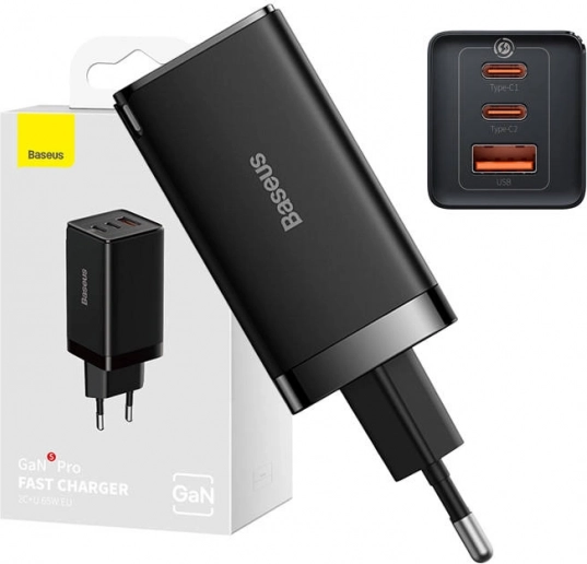 Wandlader Baseus GaN5 Pro 65 W, 2× USB‑C + USB (zwart)