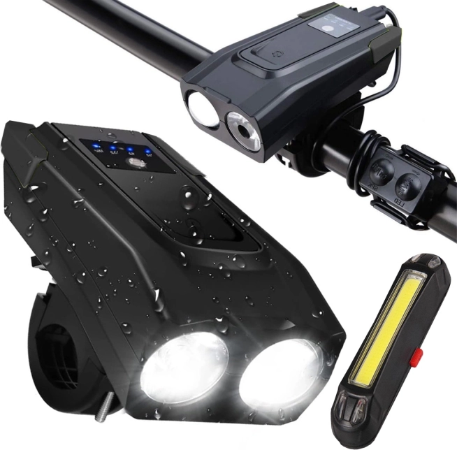 Krachtige 2-in-1 fietsvoorlamp met claxon en achterlicht