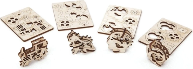 Ugears Puzzle 3D mécanique en bois – 4 porte-clés mécaniques Symboles de caractère
