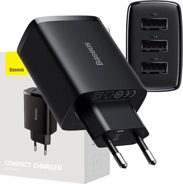 BASEUS 17 W netvoedingssnellader, 3× USB, zwart
