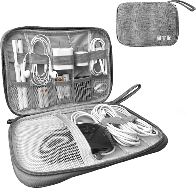 Travel organizer for cables and chargers, gray