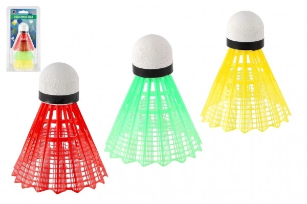 Shuttles/Kokers voor badminton kleurrijk plastic 3 stuks op kaart 11x21cm