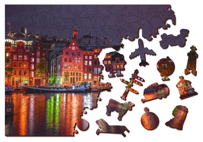 Houten puzzel Nachtelijk Amsterdam met unieke stukjes
