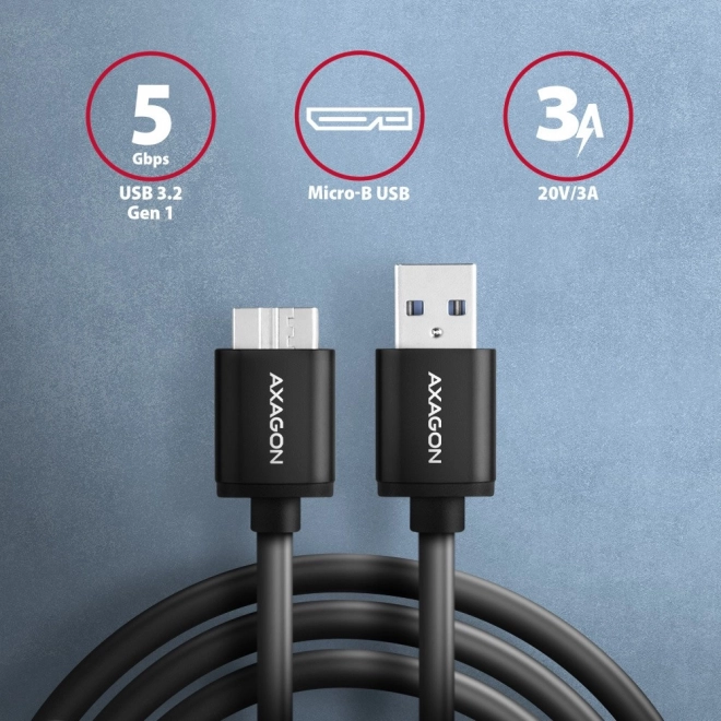 Câble AXAGON Micro-B USB vers USB-A 3.2 Gen 1, 1m, 3A, ALU, PVC, noir