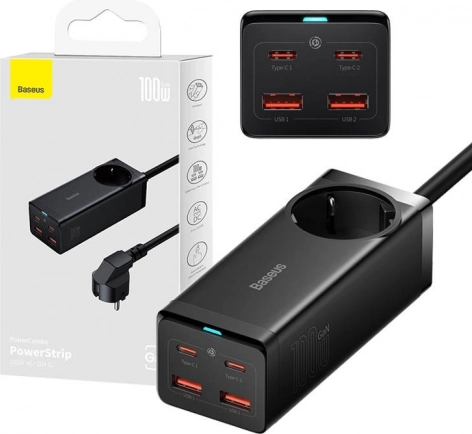 Baseus GaN3 Pro stekkerdoos en oplader 100 W, 2× USB‑C + 2× USB + AC (zwart)