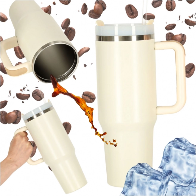 Crèmekleurige thermosbeker met rietje en handvat 1200 ml
