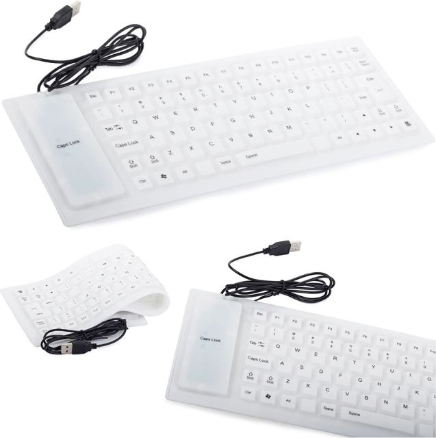 clavier silencieux en silicone USB, blanc, enroulable et étanche