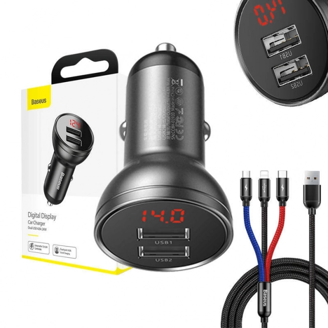 Baseus Car Charger with Display and USB 3 in 1 Cable 24W