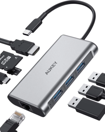 CB-C91 hub USB-C en aluminium | 8-en-1 | RJ45 Ethernet 10/100/1000 Mbps | 3xUSB 3.1 | HDMI 4K@30Hz | SD et micro SD | USB-C Power Delivery 100 W