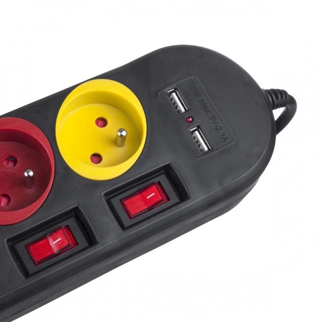 Verdeelstekker met schakelaar 4 stopcontacten + 2xUSB verlengkabel MCE229B zwart