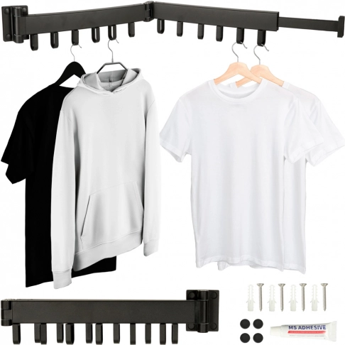 Foldable Wall-Mounted Telescopic Laundry Drying Rack, 12 Hooks, 90 cm – Black