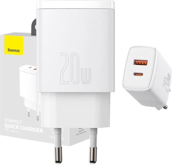 Baseus 20W netvoedingssnellader met USB‑C en USB (zwart)
