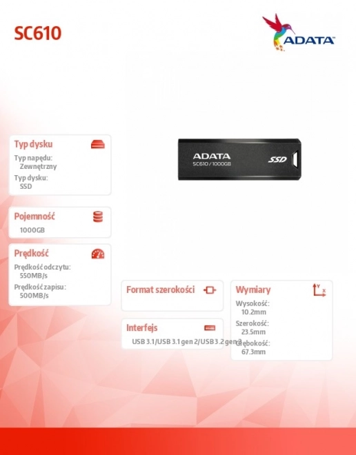 External SSD ADATA SC610 1000GB USB3.2 Gen2 Black