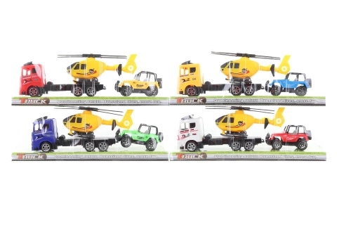 Vrachtwagen met helikopter en terreinwagen