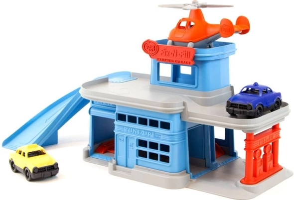 Blauwe parkeergarage met accessoires van Green Toys