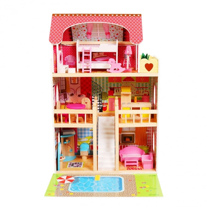 Houten poppenhuis, meubels, zwembad + verlichting ECOTOYS