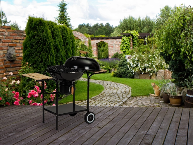 Tuinbarbecue op houtskool met deksel en planken, rooster en aslade