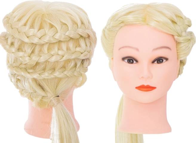 Hairdressing training head with blonde hair