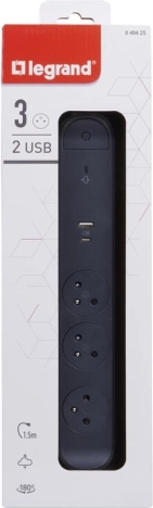 verlengbare overspanningsverdeler 3 stopcontacten met USB A/C, 1,5 m, zwart
