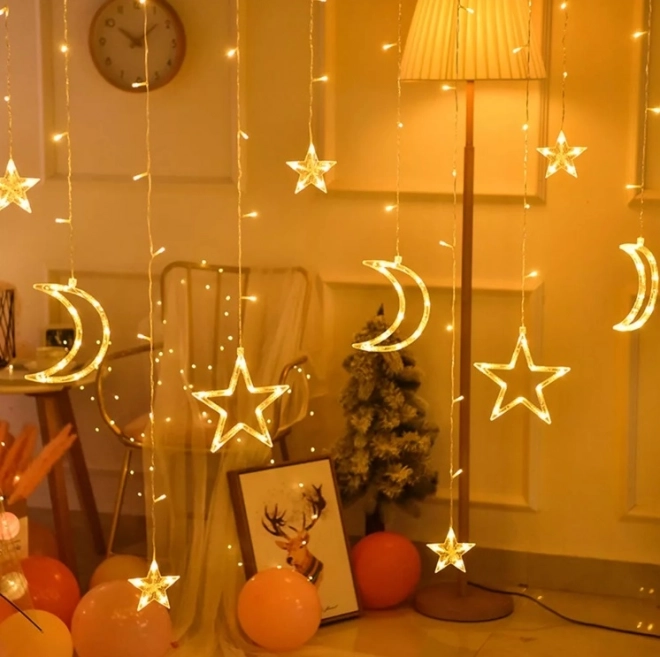 LED warm witte gordijn met sterren en maantjes - 2,5 m, 138 LED
