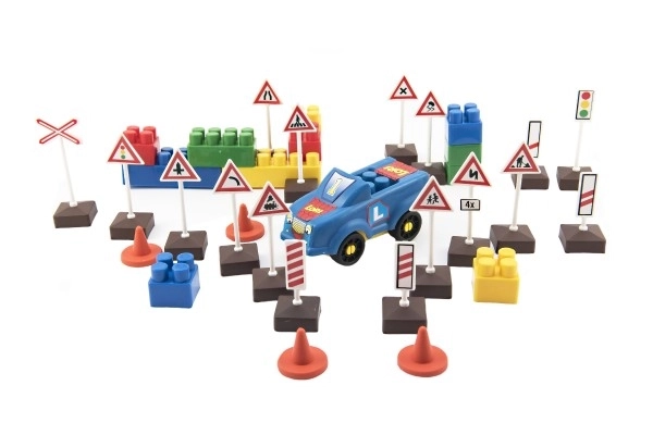 Bouwset LORI 11 Rijschool Verkeersborden 16 stuks+2 kegels+auto kunststof in doos 22x13x6cm