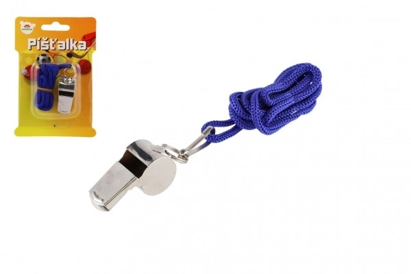Fluitje met koord metaal/stof 5 cm op kaart