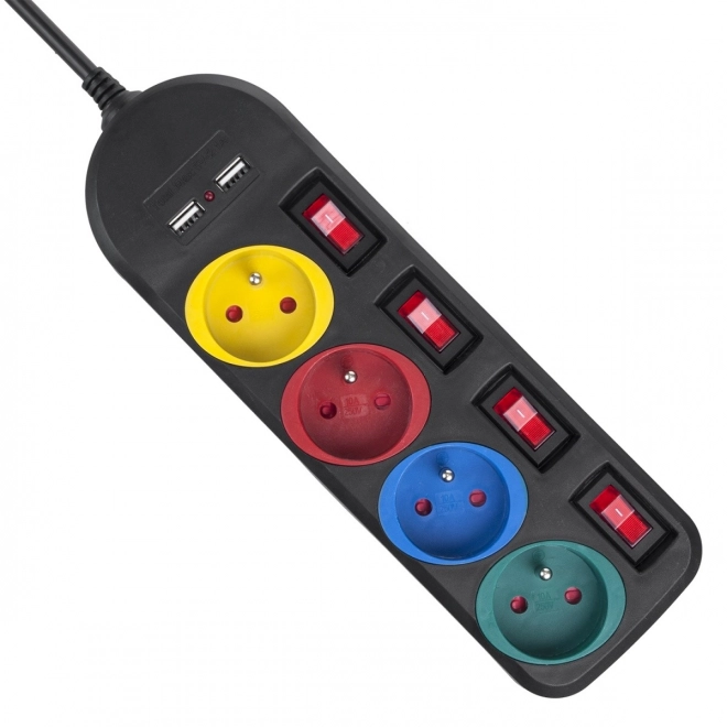 Verdeelstekker met schakelaar 4 stopcontacten + 2xUSB verlengkabel MCE229B zwart