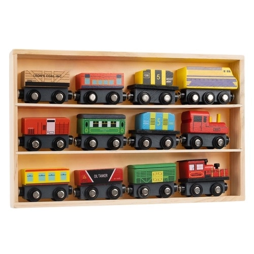 Houten treinen met wagons - 3 locomotieven en 9 wagons