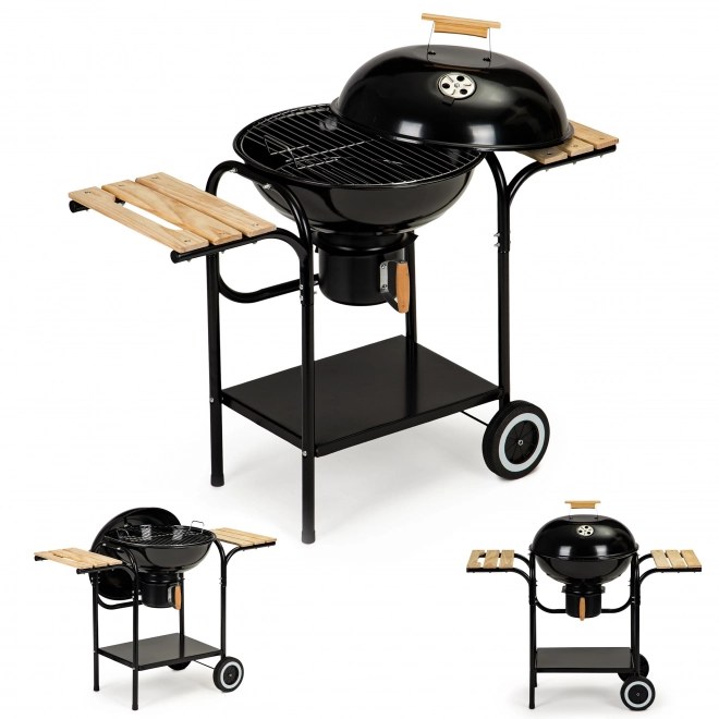 Tuinbarbecue op houtskool met deksel en planken, rooster en aslade