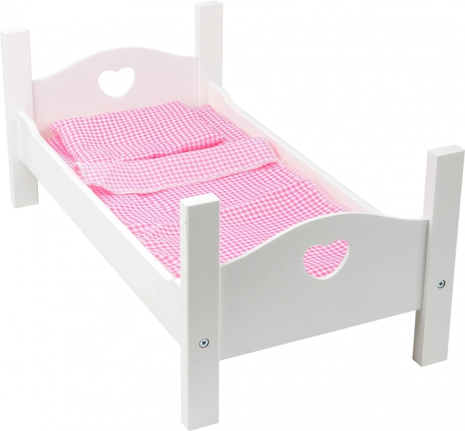 Houten poppenbedje met witte hartjes