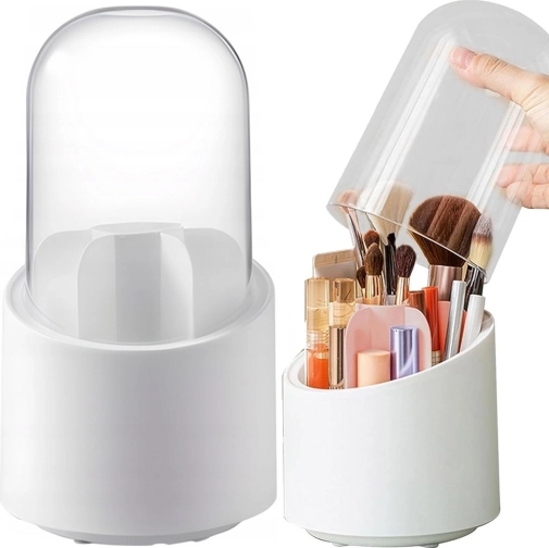 organisateur cosmétique rotatif avec support pour pinceaux et couvercle transparent