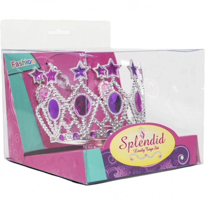 Schoonheid set met een plastic kroon en een halsketting met oorbellen