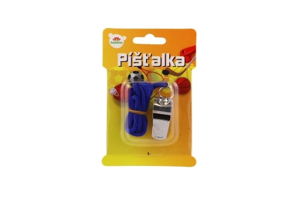 Fluitje met koord metaal/stof 5 cm op kaart