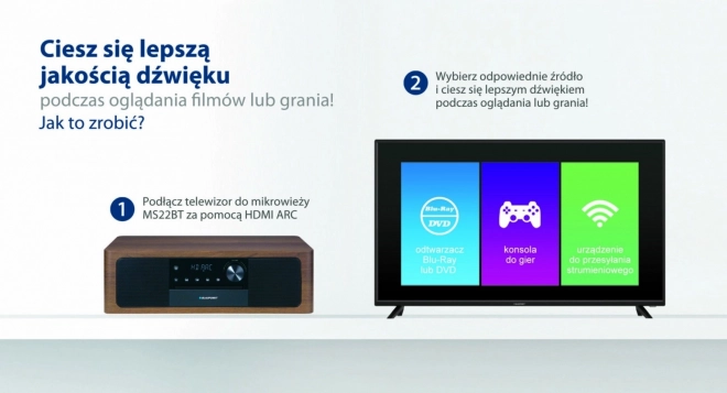 Alles-in-één Bluetooth, HDMI ARC, optische invoer CD/MP3/USB/AUX Klok/Alarm Microfoon
