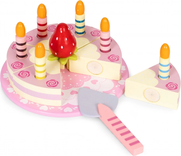 Set of wooden cakes with hook-and-loop, fruit and candles for kids, 16 pieces