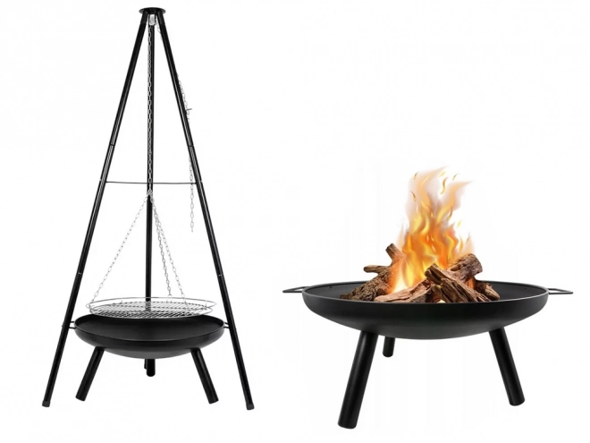 Grote tuinbarbecue met standaard op driepoot en hangende grill rooster