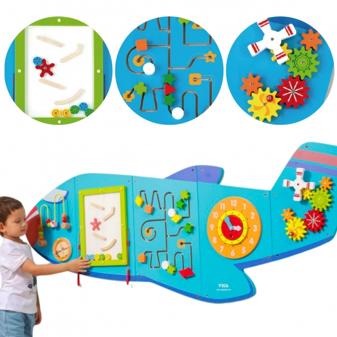 Houten wandmontage sensorisch paneel Vliegtuig VIGA Montessori