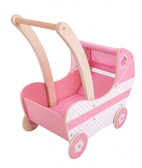 Houten roze poppenwagen