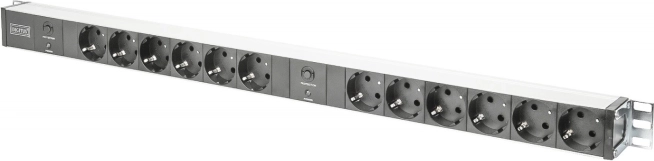 PDU-voedingsrail 19" RACK, 12x Schuko-stopcontact, 2x 2 m Unischuko-stekker, 16A, overbelasting, aluminium profiel