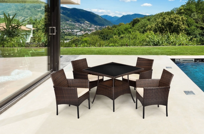 Tuin rattan meubels PREGASIO met 4 stoelen en tafel met glazen blad