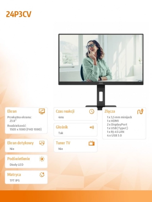 Moniteur AOC 24P3CV 23,8" IPS avec HDMI, DP, USB-C et Pivot