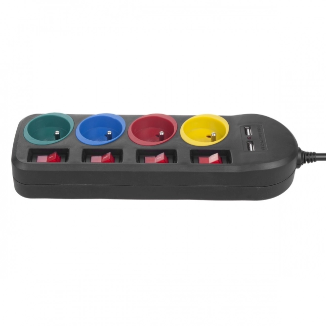 Verdeelstekker met schakelaar 4 stopcontacten + 2xUSB verlengkabel MCE229B zwart