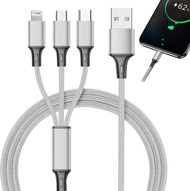 Câble de charge universel 3‑en‑1 avec connecteurs Lightning, Micro USB et USB‑C 1,2 m – Argent