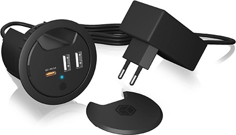 station de charge de bureau IB-HUB1407, 2× USB‑A et 1× USB‑C pour trou de 60 mm
