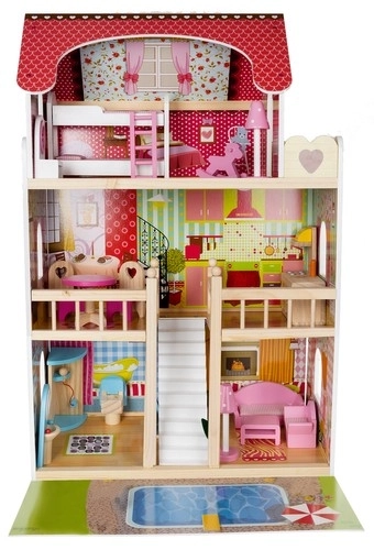 Houten poppenhuis met zwembad
