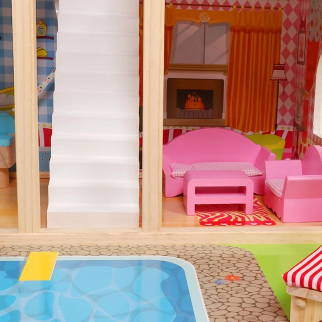 Houten poppenhuis, meubels, zwembad + verlichting ECOTOYS