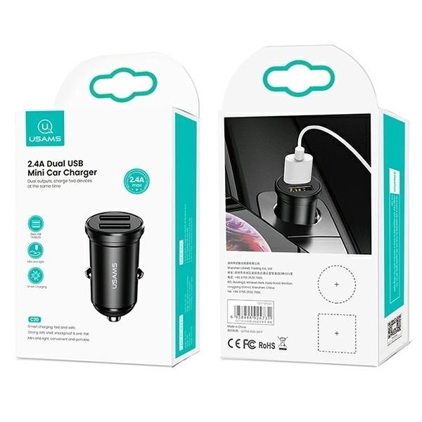 Black dual-port USB car charger 2.4A